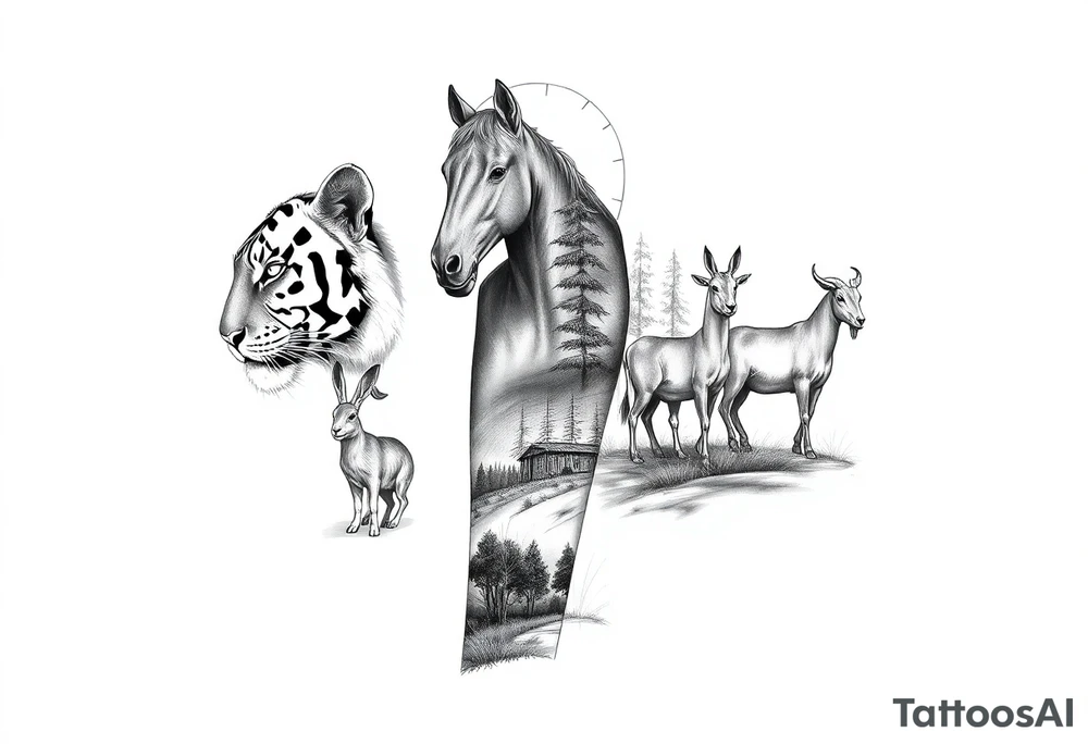 Leg sleeve with a Tiger, a rabbit, a horse, a goat with trees and wild.grass with a family of 6 walking into the sunset tattoo idea