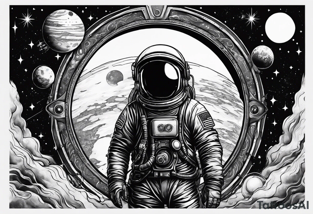 Cosmic tattoo with a planet and a astronaut, now make it more cosmic horror tattoo idea