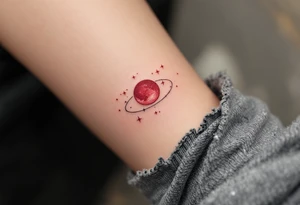 A Virgo  in crimson red centers the arm with delicate white stars constelltion orbiting in its form. tattoo idea