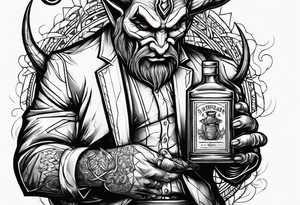 Devil holding whiskey bottle tattoo idea