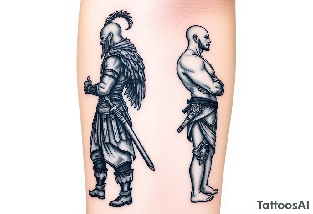 Warrior and Peace man standing back to back tattoo idea