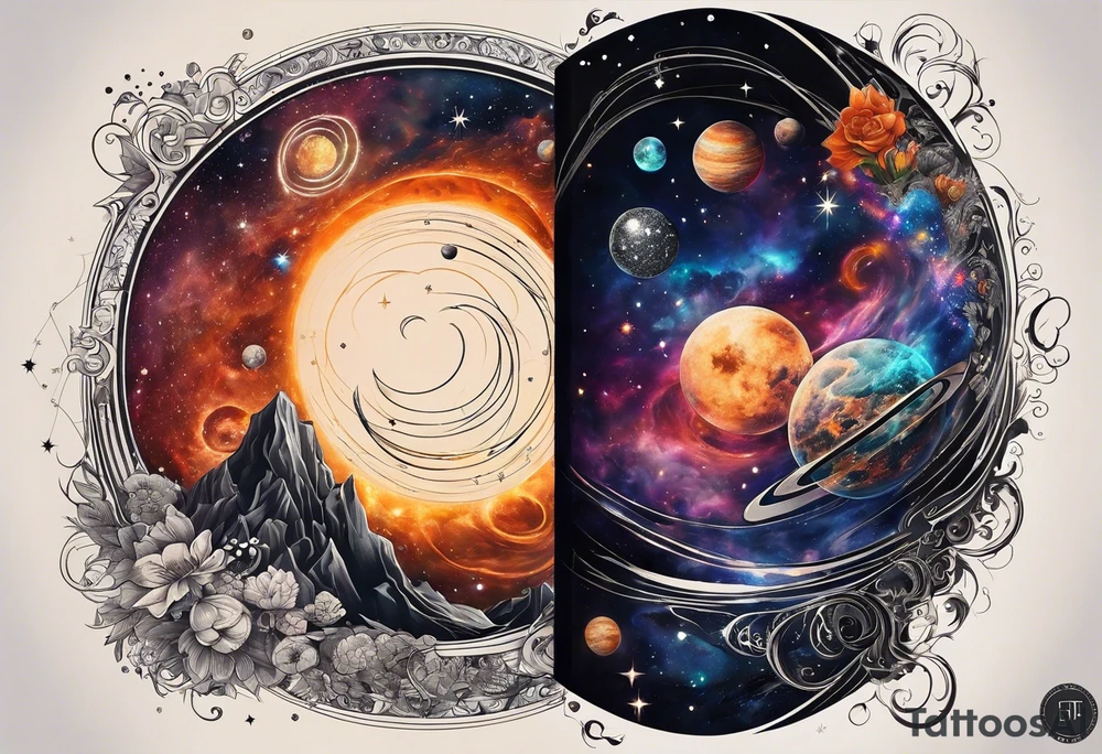 A tattoo featuring a cosmic scene with planets, black holes, and supernovae intertwined with intricate linguistic symbols, reflecting the client's interests in cosmology and linguistics. tattoo idea