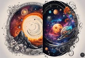 A tattoo featuring a cosmic scene with planets, black holes, and supernovae intertwined with intricate linguistic symbols, reflecting the client's interests in cosmology and linguistics. tattoo idea