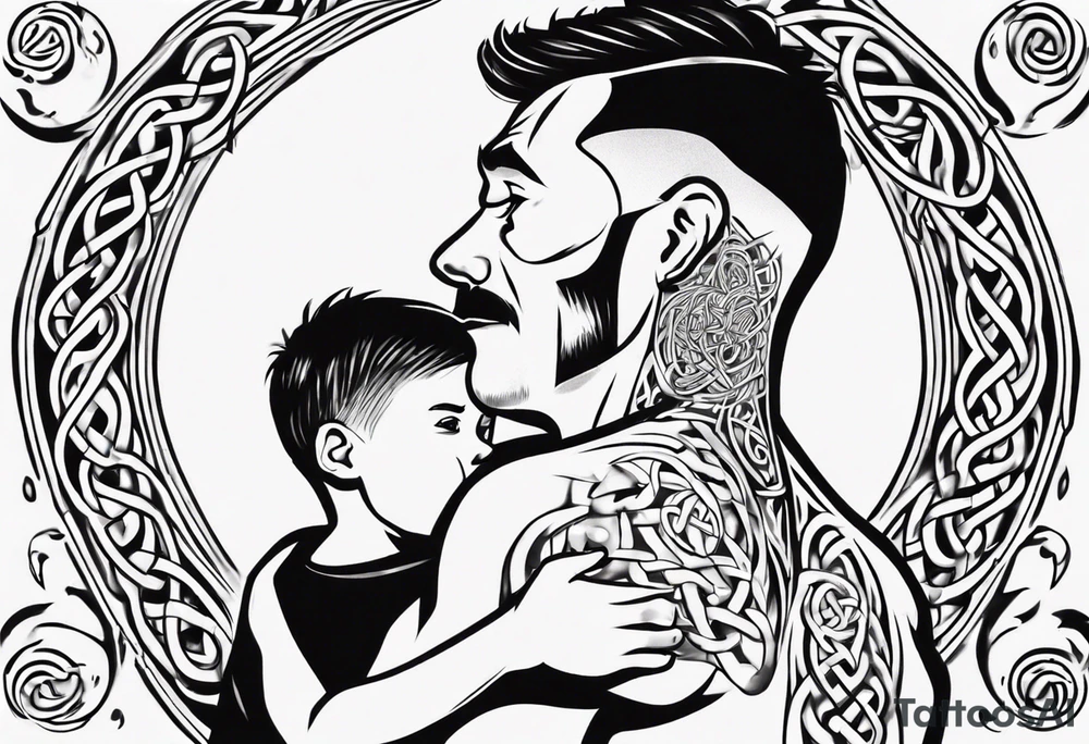 a father with his son on his shoulders from behind. A subtle design on their backs of celtic music. tattoo idea