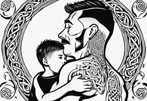 a father with his son on his shoulders from behind. A subtle design on their backs of celtic music. tattoo idea