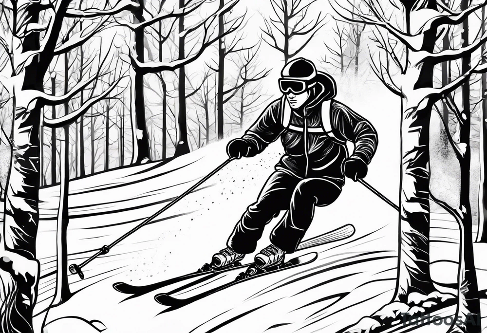 simple drawing of a 
tattoo of a snow skier skiing through trees showing ski trail tattoo idea
