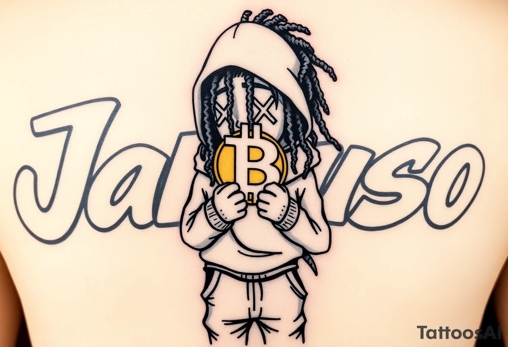 Create a tattoo stencil Use a street-art / pop-art vibe with a cartoon figure with dreadlocs holding a bitcoin to cover his eyes have bold lines, “x” for eyes. make them have on a hoodie and jogger sweatpants have in the background in graffiti letters “Jaruso” tattoo idea