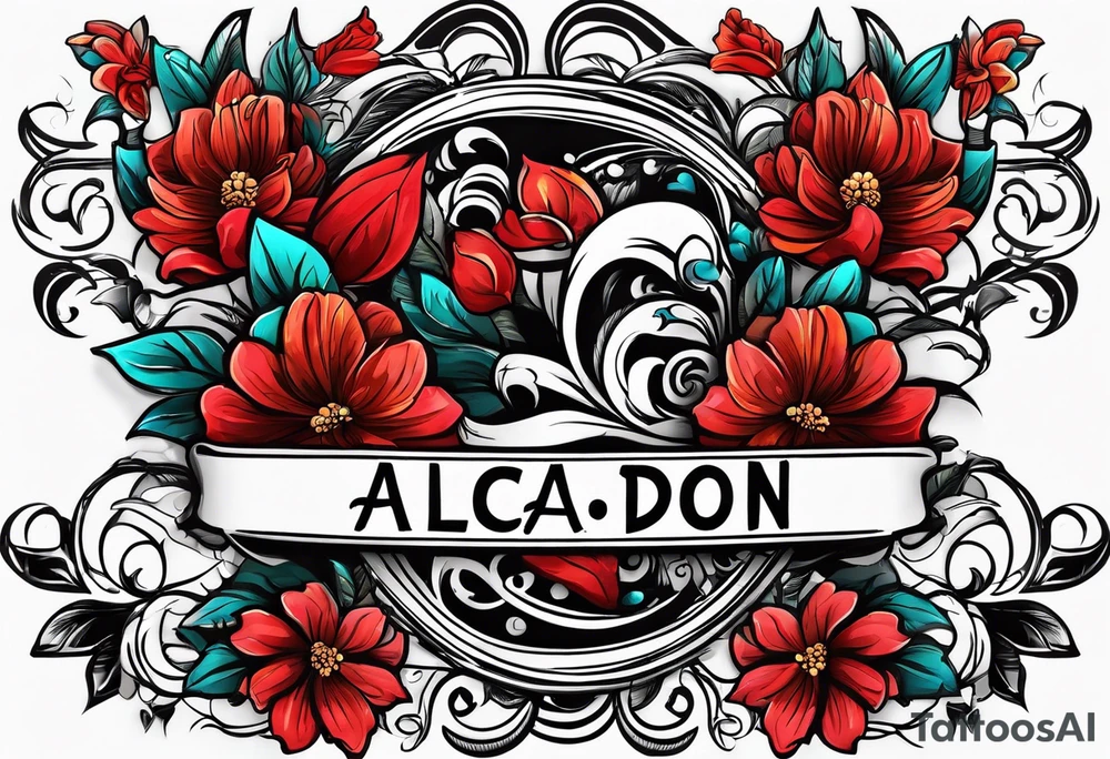 Flower logo with the word ALCADON tattoo idea