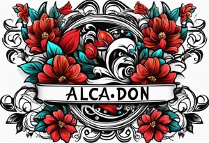Flower logo with the word ALCADON tattoo idea