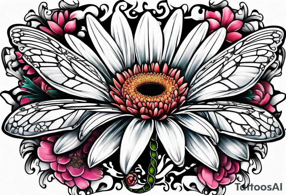 Gerber daisy dragonfly breast cancer ribbon tattoo idea