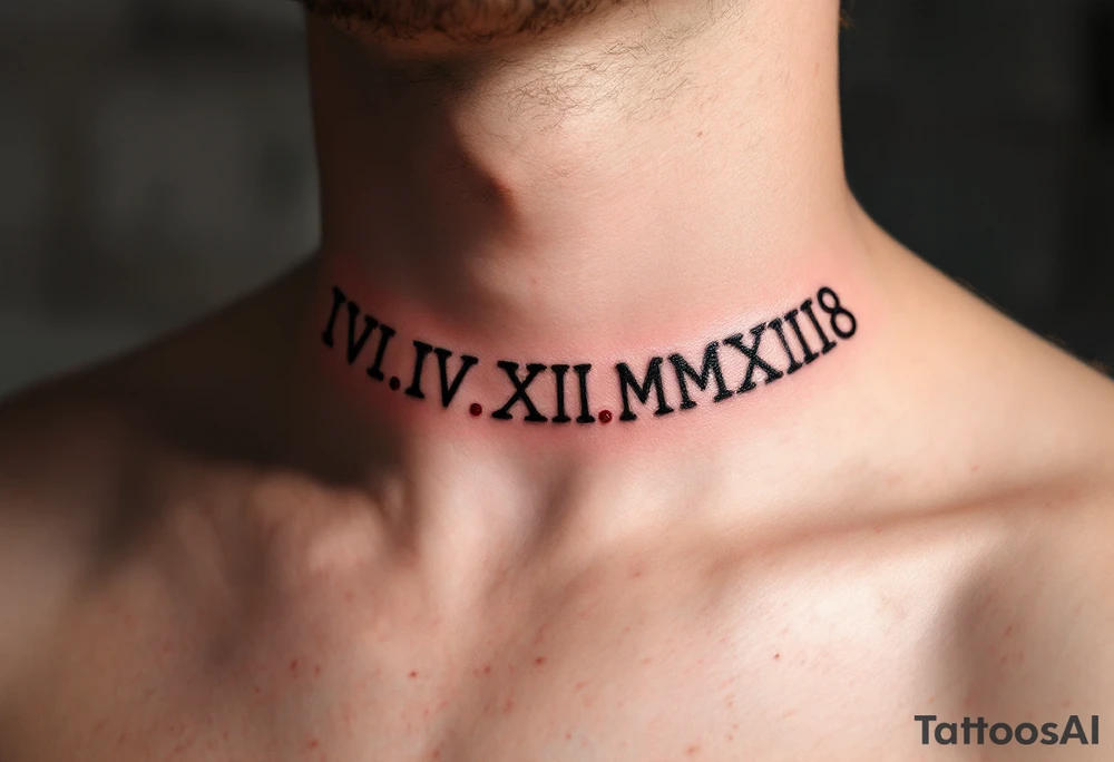 VIII.XII.MMXVIII in thick black font circling the neck like a collar, with small ruby red dots separating the numerals. tattoo idea