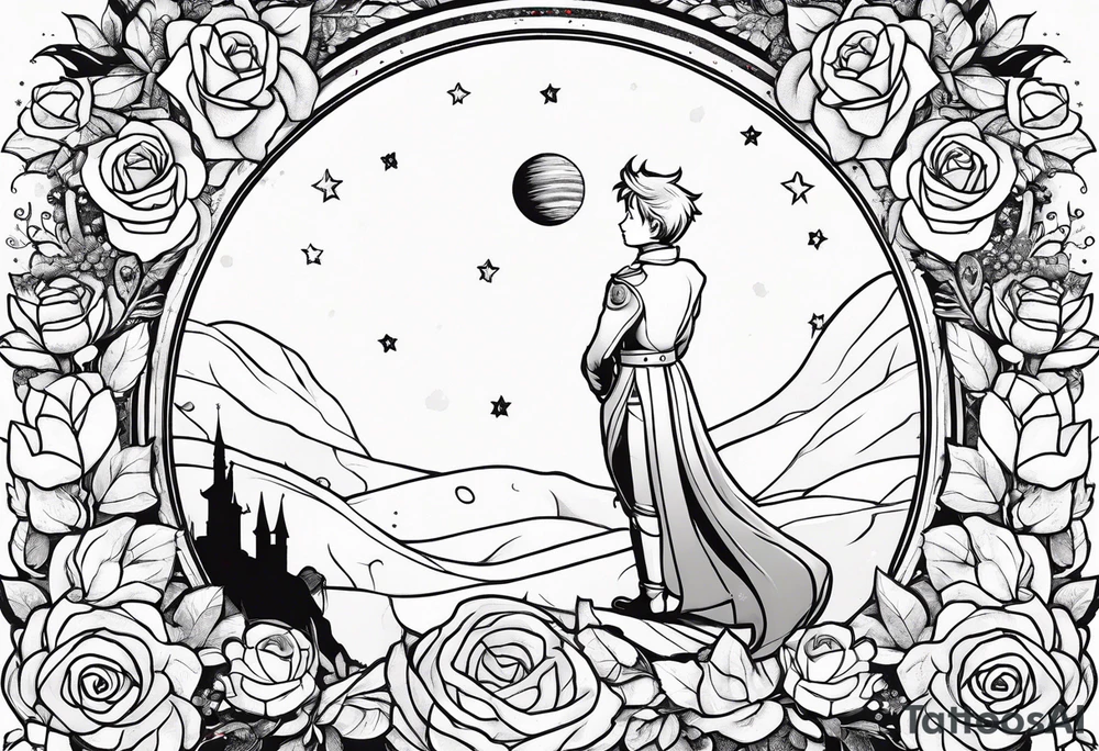 The Little prince with fox on his planet with rose tattoo idea