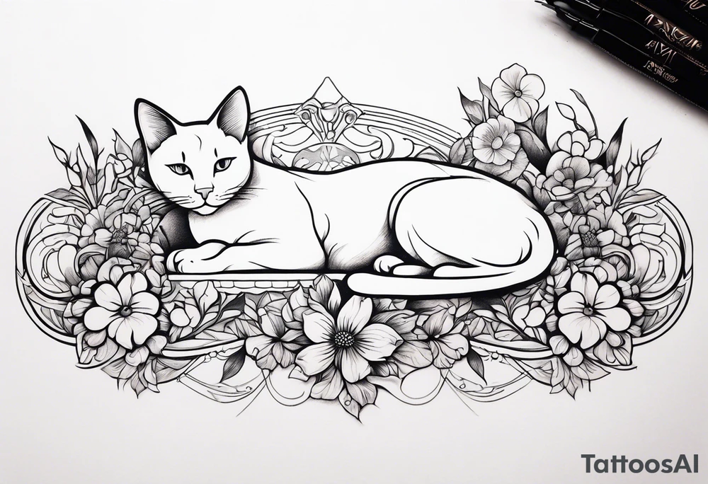 Art nouveau forearm tattoo of cat laying in flowers. tattoo idea