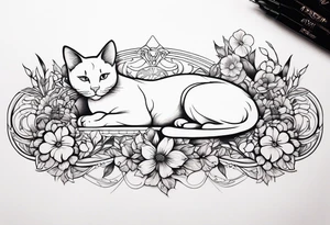 Art nouveau forearm tattoo of cat laying in flowers. tattoo idea