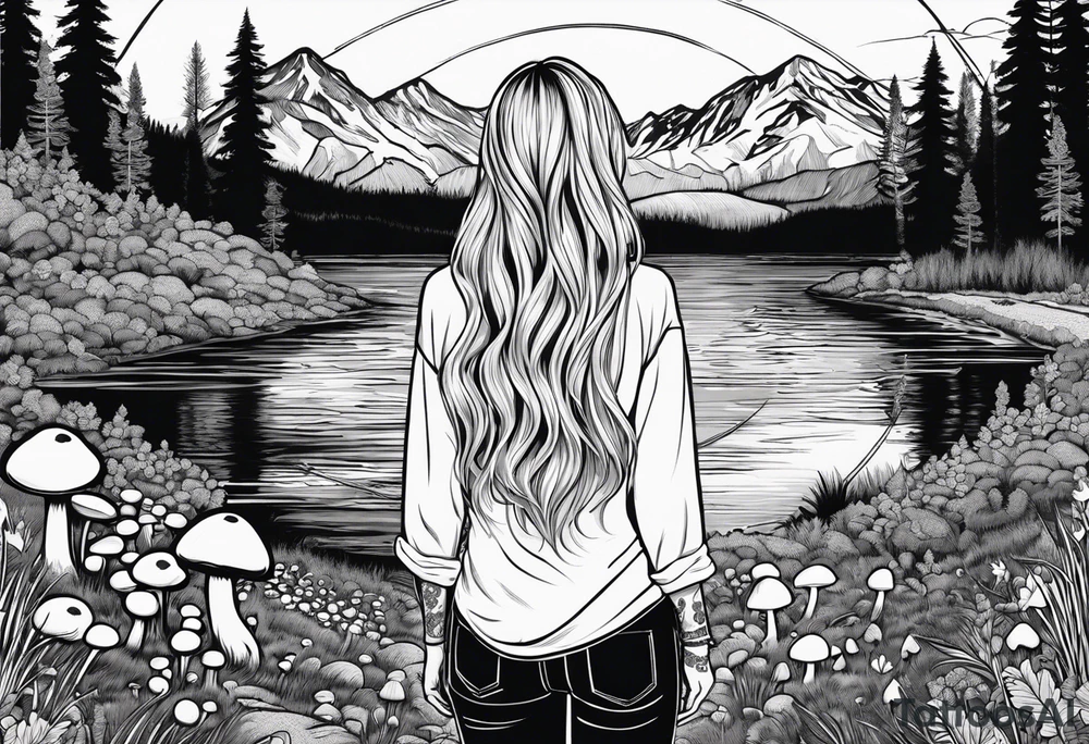 Whole picture encircled fully

Straight long blonde hair hippie girl in distance holding mushrooms in hand facing away toward mountains and creek surrounded by mushrooms long sleeve shirt and hiking pants; whole rendering within a full circle, no cut off circle tattoo idea