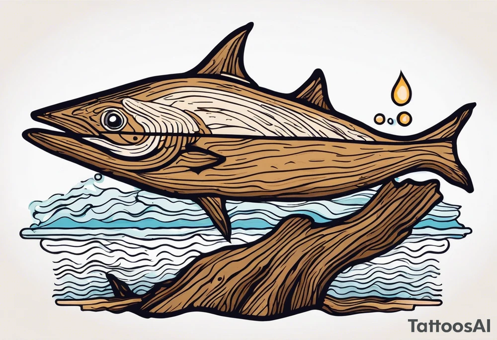piece of driftwood underwater with duke written in the wood tattoo idea