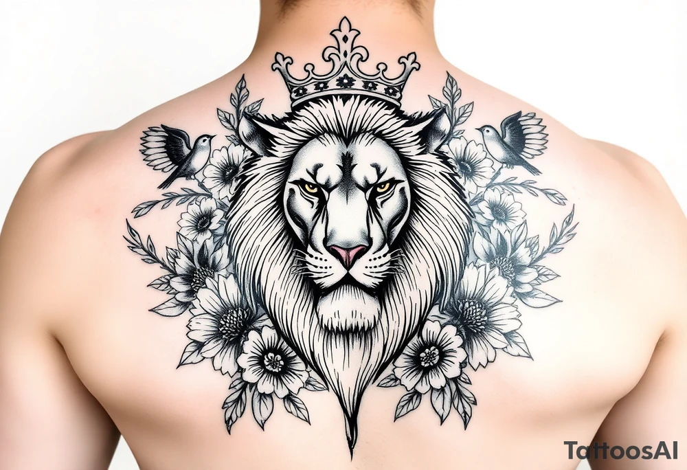 powerful majestic lion with a crown, surrounded by floral ornaments and birds tattoo idea