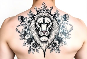 powerful majestic lion with a crown, surrounded by floral ornaments and birds tattoo idea