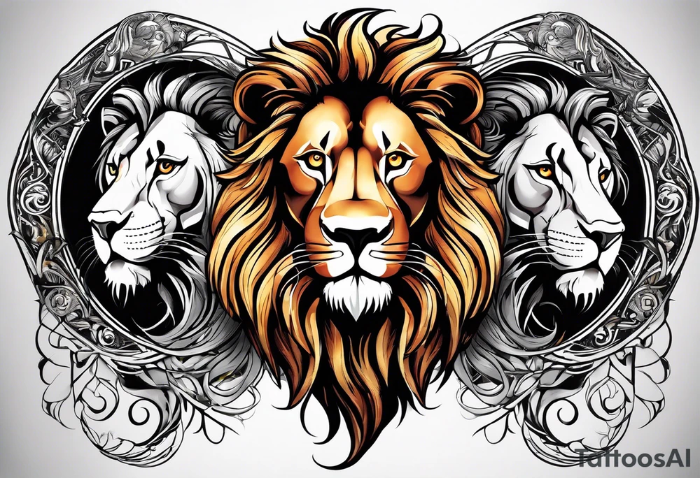 A powerful lion, Leo and a powerful Virgo, the balance between the two from Young to old whole sleeve very happy, very mysterious very dark, but cheerful at the same time tattoo idea