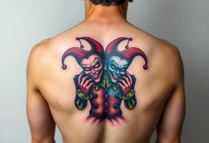 a toxic jester coupple standing behind each other holding cheeks up to smile tattoo idea