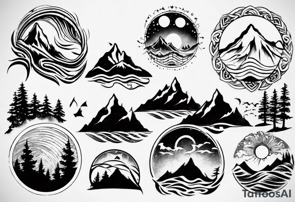 sleeve, mountains, waves, sun, trees tattoo idea