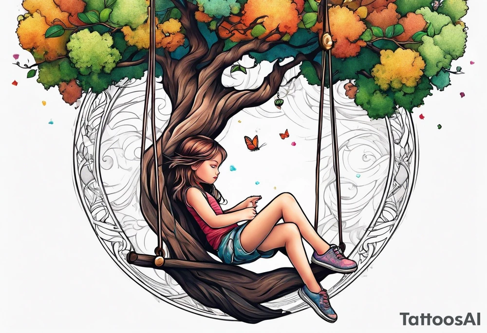 little girl swinging under a tree of life tattoo idea