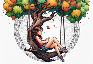 little girl swinging under a tree of life tattoo idea