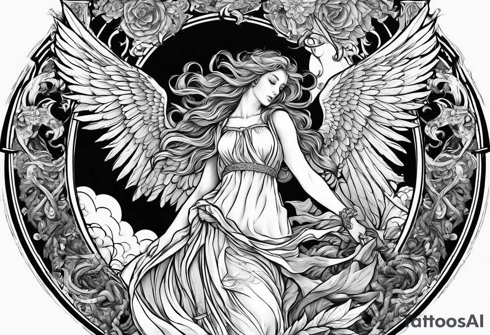 arm sleeve heaven at the top, angel
falling down hellfire at wrist tattoo idea