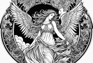 arm sleeve heaven at the top, angel
falling down hellfire at wrist tattoo idea