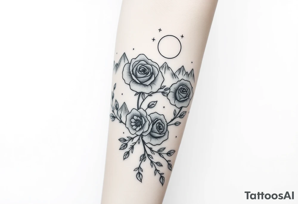 Roses wild flower vines with moon and stars mountains wrap around arm forest tattoo idea