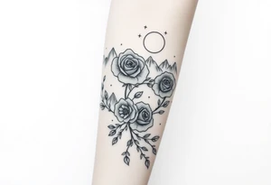 Roses wild flower vines with moon and stars mountains wrap around arm forest tattoo idea