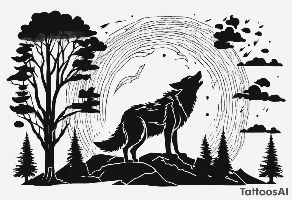thunderstorm over a forest with a wolf howling on drums tattoo idea thunderstorm over a forest with a wolf howling on drums tattoo idea
