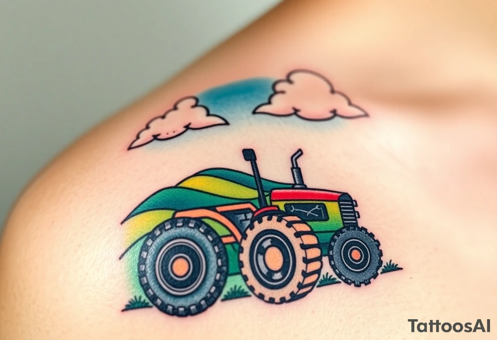 A tractor surrounded by rolling green hills, under a bright blue sky with white fluffy clouds tattoo idea