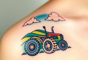 A tractor surrounded by rolling green hills, under a bright blue sky with white fluffy clouds tattoo idea