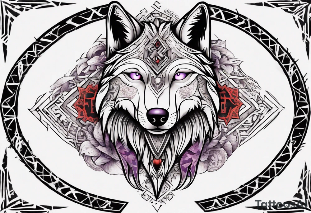 want a half sleeve on my left forearm featuring a side profile of wolf with a vegvisir for its purple and red eye, surrounded by Māori patterns and Norse symbols tattoo idea