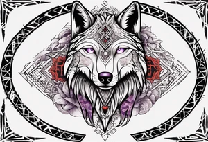 want a half sleeve on my left forearm featuring a side profile of wolf with a vegvisir for its purple and red eye, surrounded by Māori patterns and Norse symbols tattoo idea