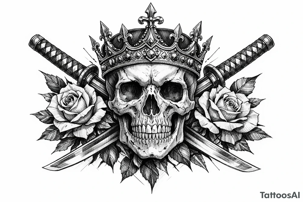Skull with ornate crown, crossed katanas, and blooming roses, neo-traditional. tattoo idea