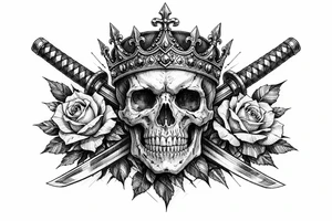 Skull with ornate crown, crossed katanas, and blooming roses, neo-traditional. tattoo idea
