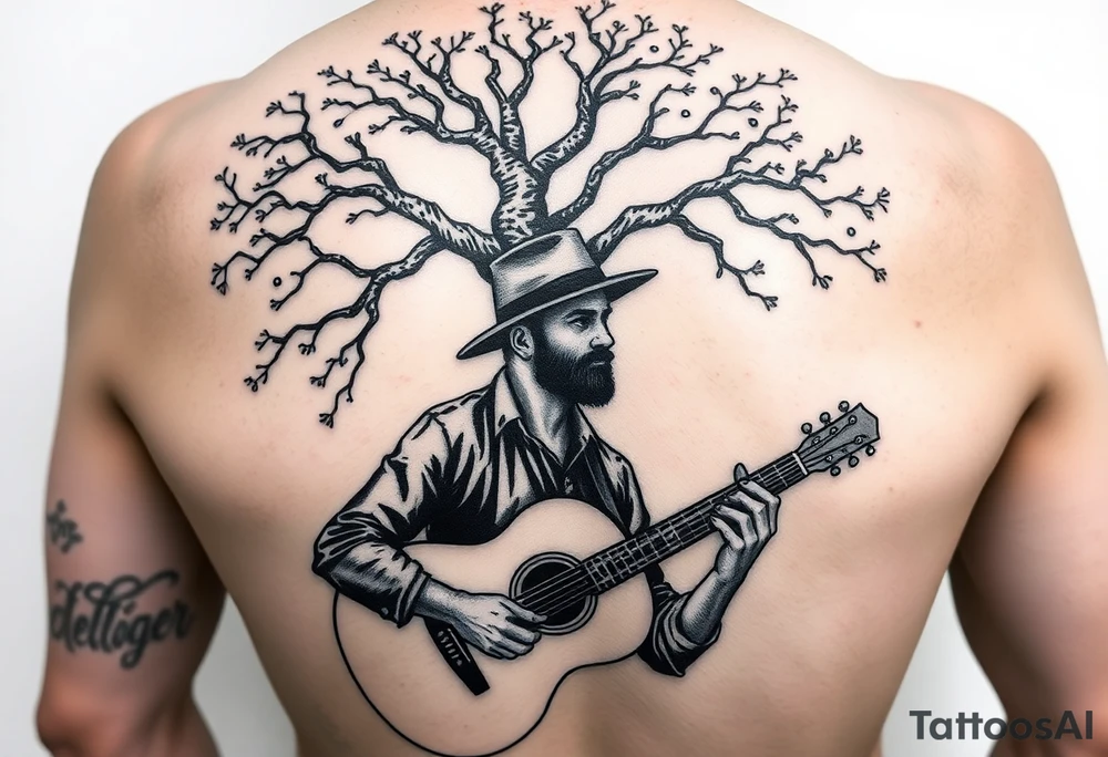 Man with hat but cant see face 
playing acoustic guitar underneath tree of life concept style tattoo idea