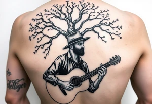 Man with hat but cant see face 
playing acoustic guitar underneath tree of life concept style tattoo idea