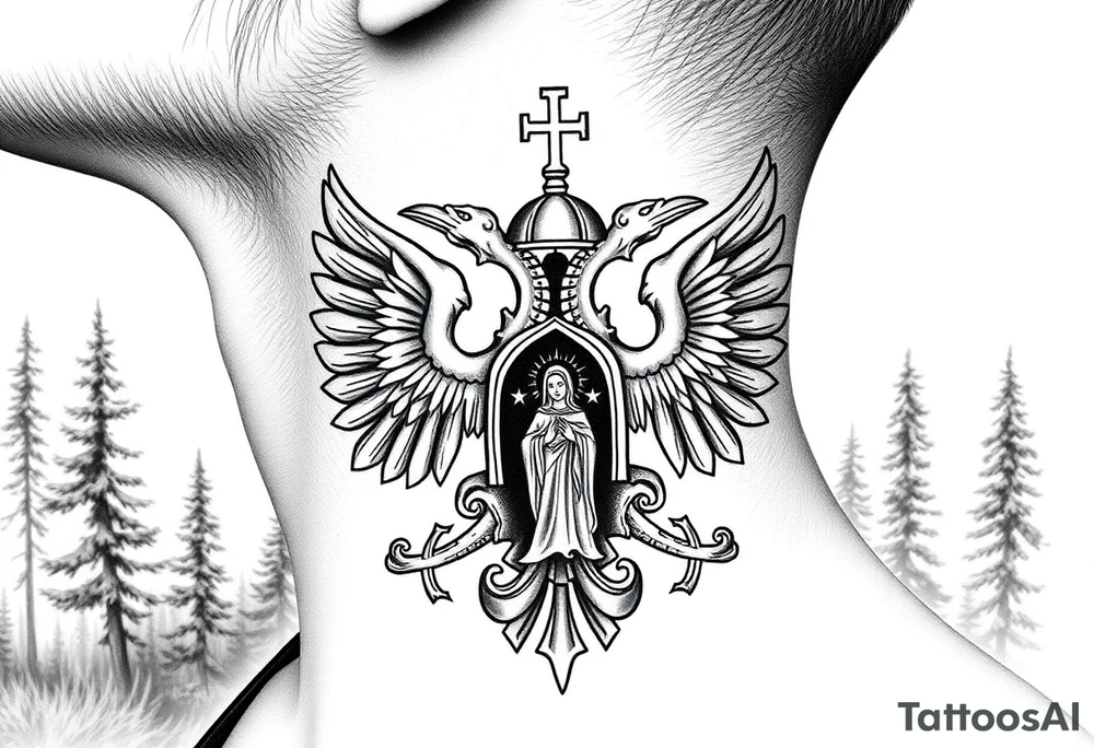russian coat of arms double headed eagle traditional christian orthodox cross with a virgin mary stood in the entrance of a russian orthodox dome church on the side of the neck in a wilderness setting tattoo idea