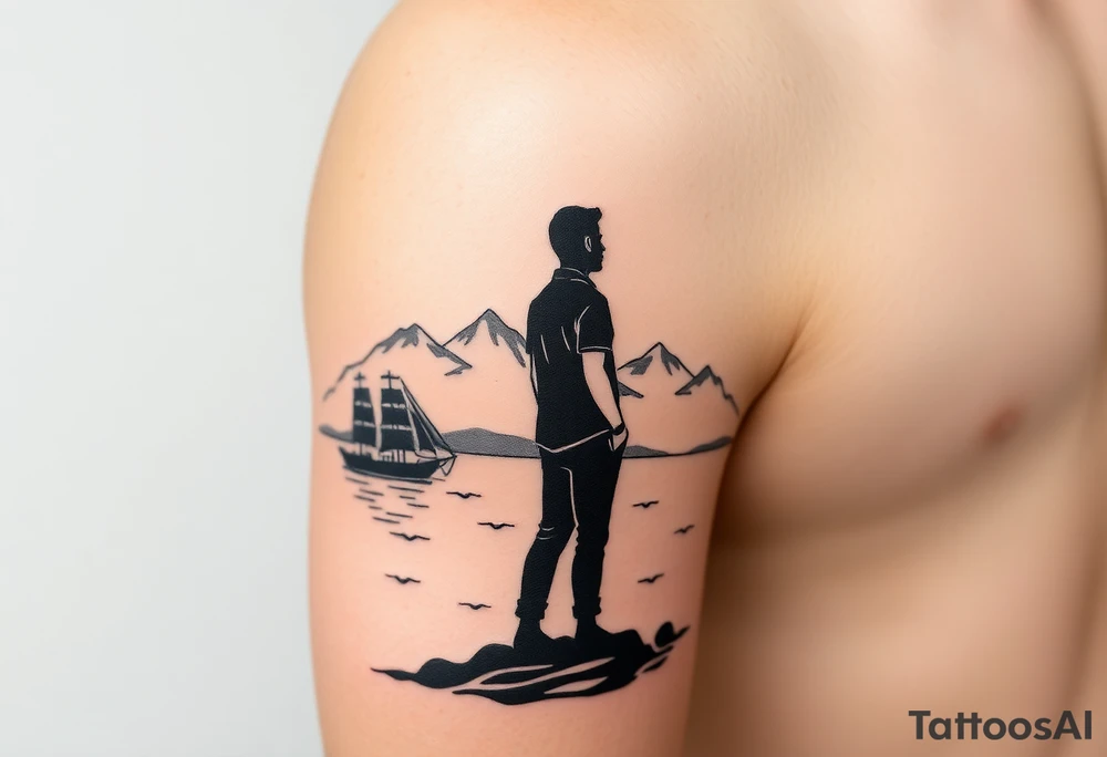 I want a minimalist design that will go on my right bicep, of a man's silhouette of a man on a shoreline, with a tree to his left, looking out at mountains in the distance, and a sailboat in the foreground.  but I want this around the arm, elbow and bicep area tattoo idea