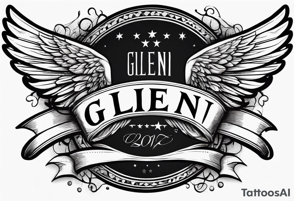 A simple tattoo with the word Glenn on a banner with angel Wings tattoo idea