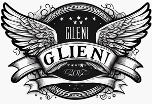 A simple tattoo with the word Glenn on a banner with angel Wings tattoo idea