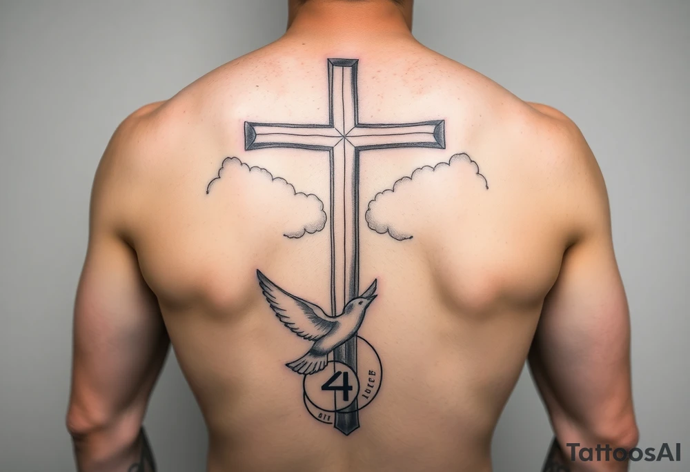 Big cross with clouds in the back with a dove a the bottom left of the forearm with a blue circle around it and the number 4 to the of the dove. all on forearm tattoo idea
