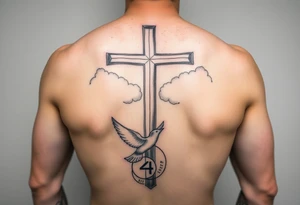 Big cross with clouds in the back with a dove a the bottom left of the forearm with a blue circle around it and the number 4 to the of the dove. all on forearm tattoo idea