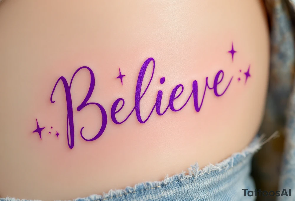 The word "Believe" in purple, with subtle lightning bolts in white surrounding it, signifying power and inspiration. tattoo idea
