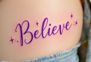 The word "Believe" in purple, with subtle lightning bolts in white surrounding it, signifying power and inspiration. tattoo idea