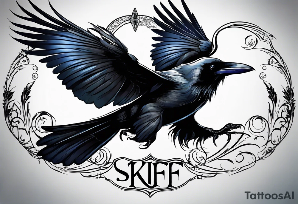 A raven and a butterfly flying together. 
In the background is the name Malia.
In the background is the name SKF.
The number 89 can be seen in the background.
There is also a scorpion in the wing of the butterfly. tattoo idea