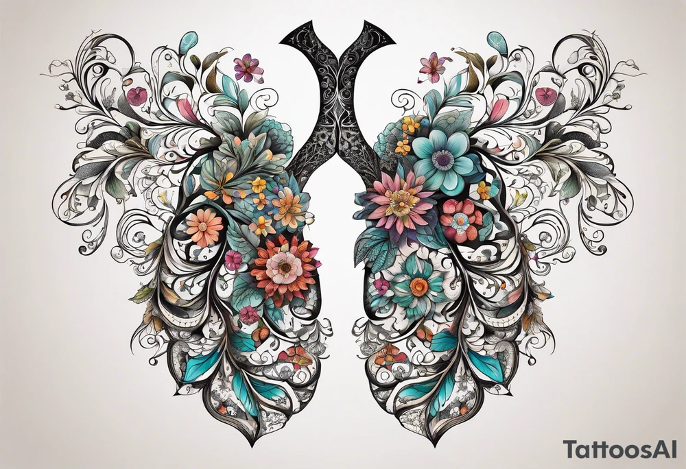 intricate and artistic arrangement of flowers and ornamental patterns that come together to form the shape of human lungs. The design should have a balance of delicacy and detail, with vibrant floral elements seamlessly intertwining to mimic the structure of the lungs, including the bronchi branching into floral motifs. Incorporate subtle shading and depth to give the tattoo a dynamic and organic feel, while maintaining elegance and symmetry, embraced by an octopus and butterflies flying around tattoo idea